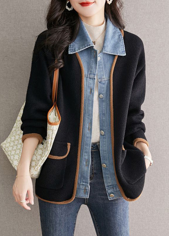 Einzigartiger schwarzer Wollmantel mit Peter-Pan-Kragen, Jeans-Patchwork, im Zweiteiler-Look, Herbst