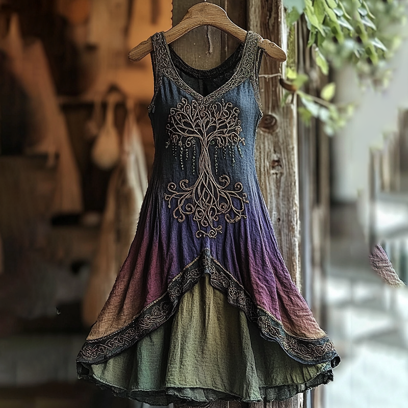 Women's Vintage  Viking Tree Of Life Gradient Linen Dress artswardrobe