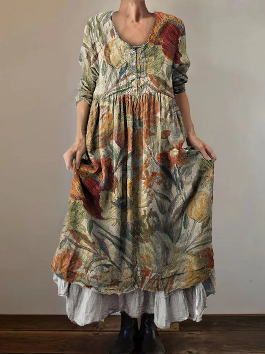 Women's Floral Art Print V-Neck Button Pocket Cotton Dress