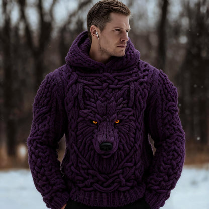 Men's Viking Celtic Wolf Knit Chunky Hooded Sweater artswardrobe