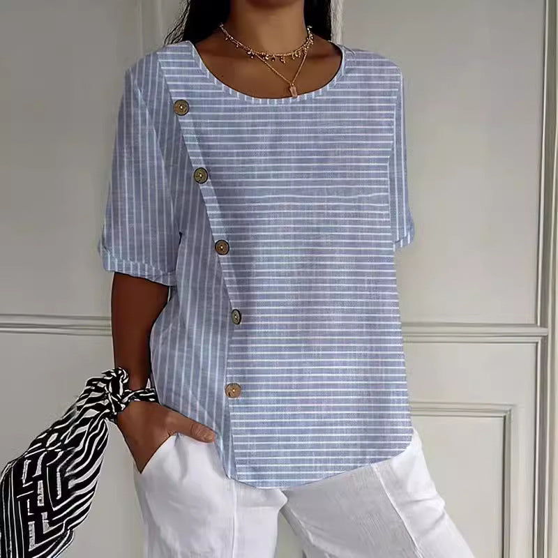 Striped Button Casual Short Sleeves