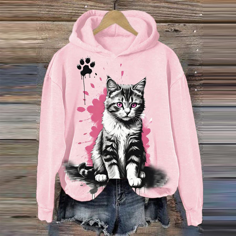 Women's Cute Cat Printed Hooded Sweatshirt elevenforest
