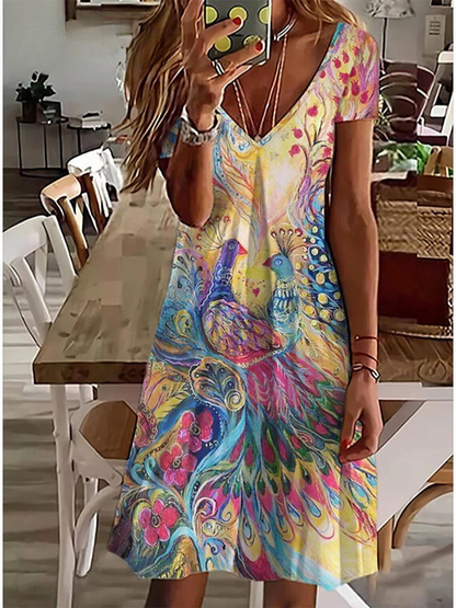 MW | Women's Sundress Midi-Kleid kurze Ärmel Floral Print Sommer lässig V Hals lose Kleider Plus Größe 2024 Weibliche Kleidung Vestidos