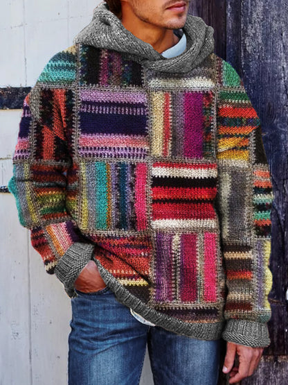 Men's Retro Colorblock Patchwork Cozy Hooded Sweater artswardrobe