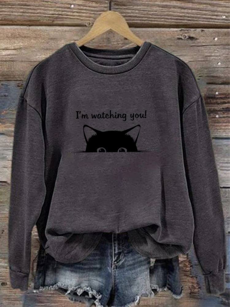 I'm Watching You! Black Cat Print Sweatshirt elevenforest