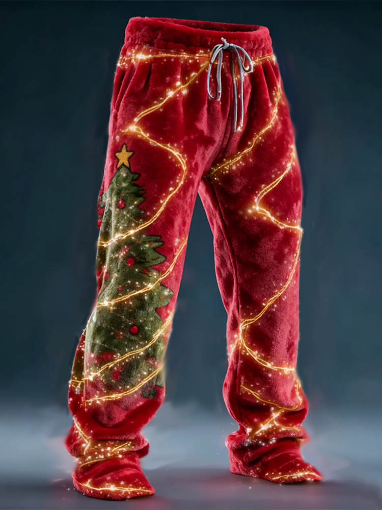 Comstylish Christmas Retro Lights Design Men's Flannel Long Pants