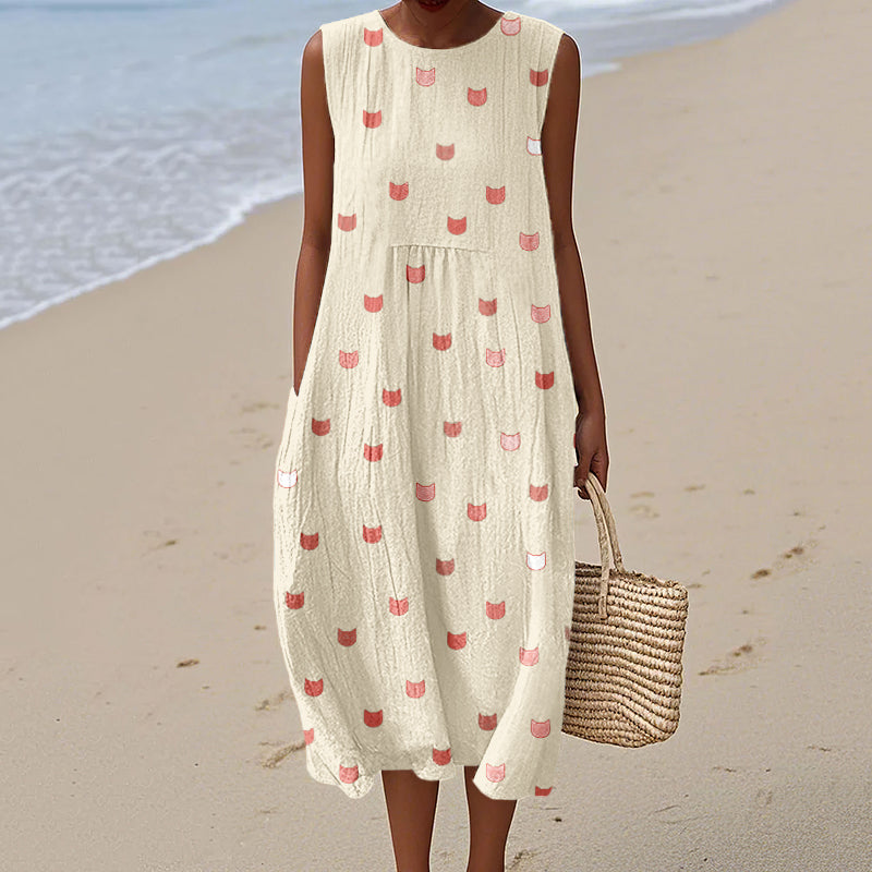 Cute Little Kitty Pattern Cozy Linen Tank Dress artswardrobe