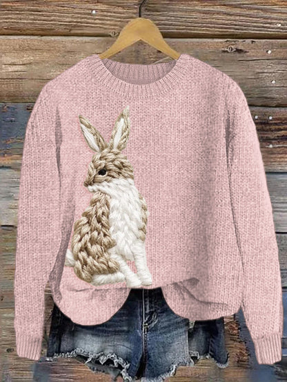 Lively Hare Embroidery Pattern Cozy Knit Sweater artswardrobe