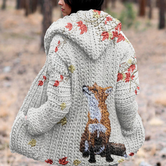 Autumn Fox Maple Leaf Embroidery Art Print Kint Hooded Cardigan artswardrobe