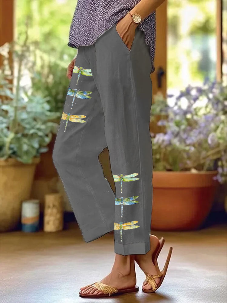 Comstylish Women's Watercolor Dragonfly Print Casual Pants