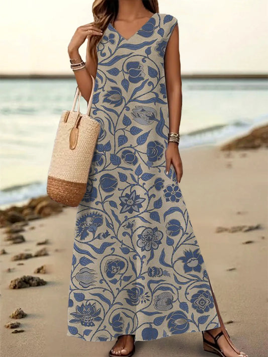 Women's Floral Art Print V-Neck Sleeveless Cotton Pocket Dress