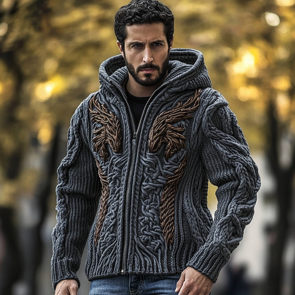 Men's Viking Dragon Style Celtic Thick Zip Hooded Sweater elevenforest