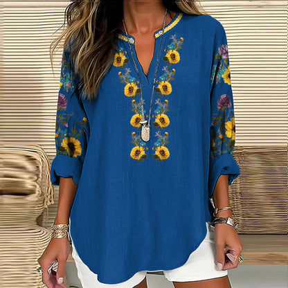 Comstylish Women's Ukraine Sunflower Art V-neck Casual Linen Blend Blouse