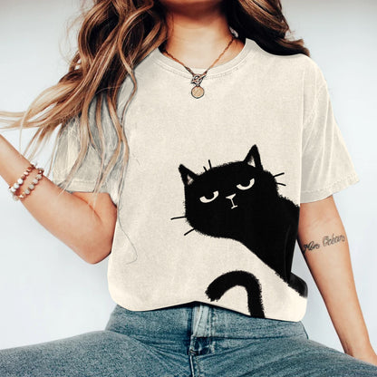Comstylish Women's Abstract Creative Cute Black Cat Art Print T-shirt