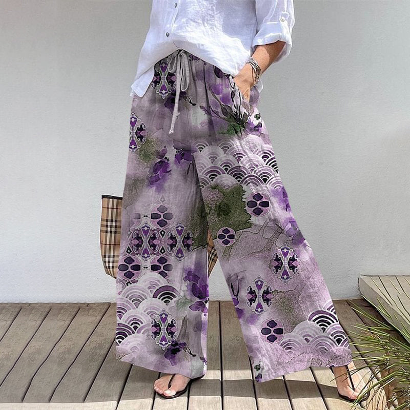 Comstylish Retro Elegant Japanese Watercolor Art Print Cotton Linen Wide Leg Pants