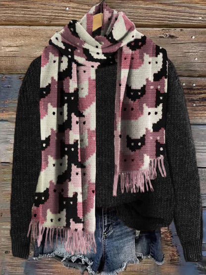 Crowded Cats Pink Knit Art Cozy Scarf elevenforest