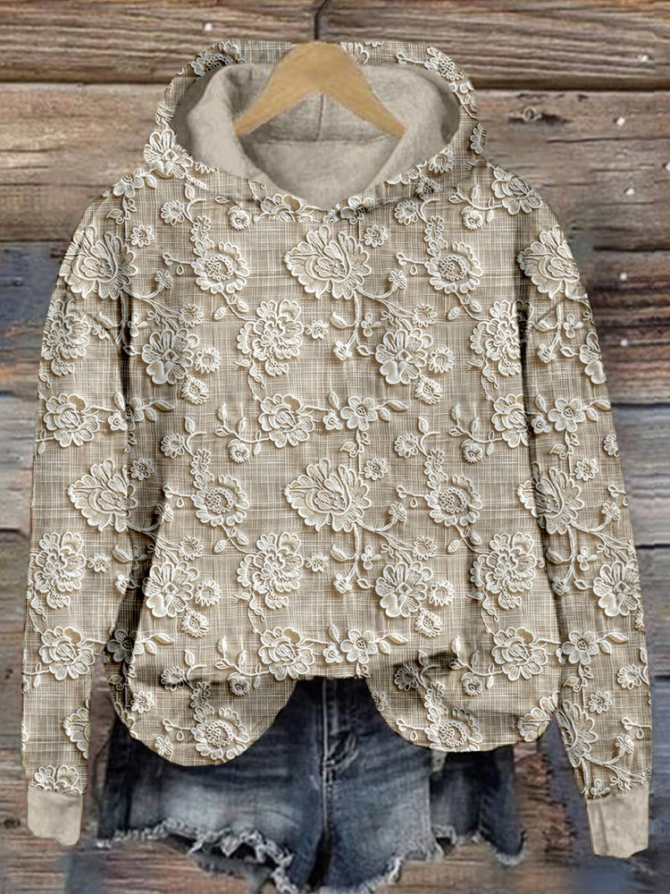 Comstylish Vintage Floral Lace Embroidered Comfy Hoodie