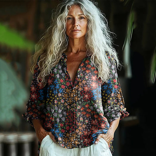 Comstylish Bohemian Style Linen Colorful Floral Art Print Long Sleeve Shirt
