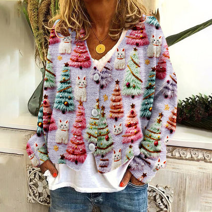 Christmas Tree Cute Cat 3D Print V-Neck Knitted Sweater Cardigan elevenforest