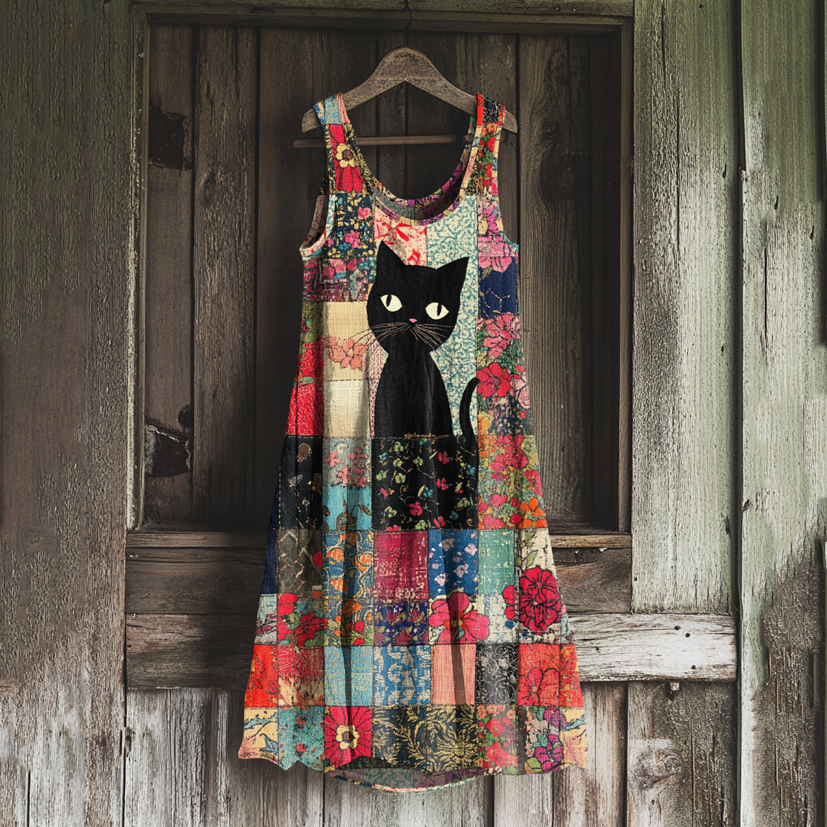Comstylish Vintage Cat Floral Patchwork Art Linen Blend Tank Dress