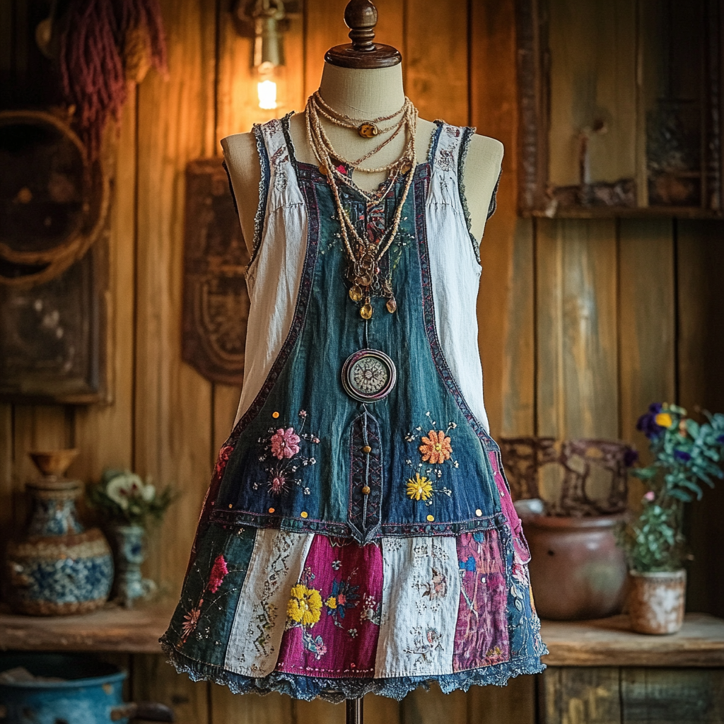 Vintage Denim Floral Patch Sleeveless Dress artswardrobe