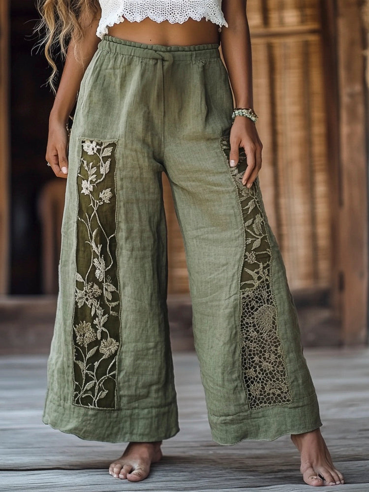 Vintage Floral Boho Women's Linen Straight Leg Pant artswardrobe