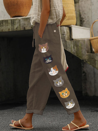 Comstylish Cute Cats Animal Embroidery Pattern Linen Pants