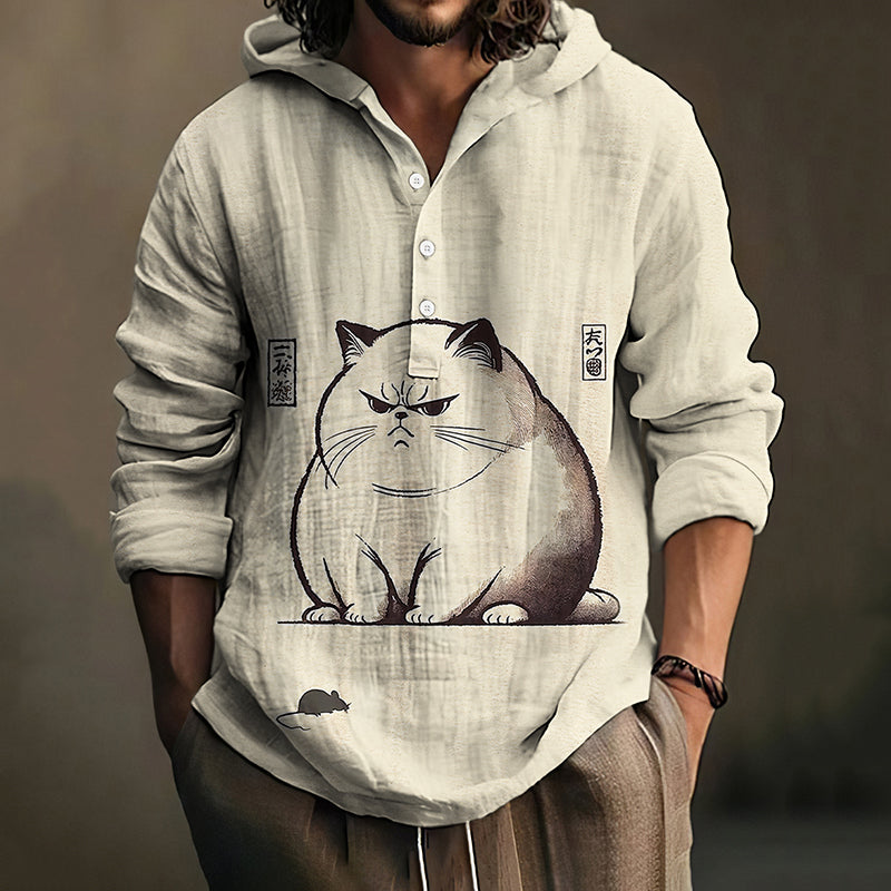 Men's Cat And Mouse Japanese Art Print Linen Hooded Shirt elevenforest