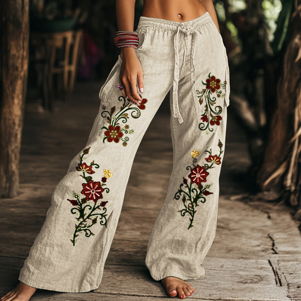 Vintage Floral Art Printed Cotton Linen Wide Leg Pants artswardrobe