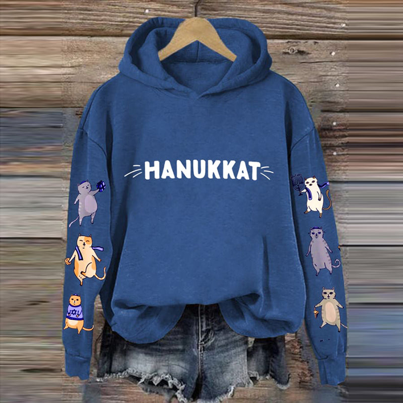 Women's Hanukkah Cat Print Casual Hoodie elevenforest
