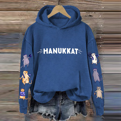Women's Hanukkah Cat Print Casual Hoodie elevenforest