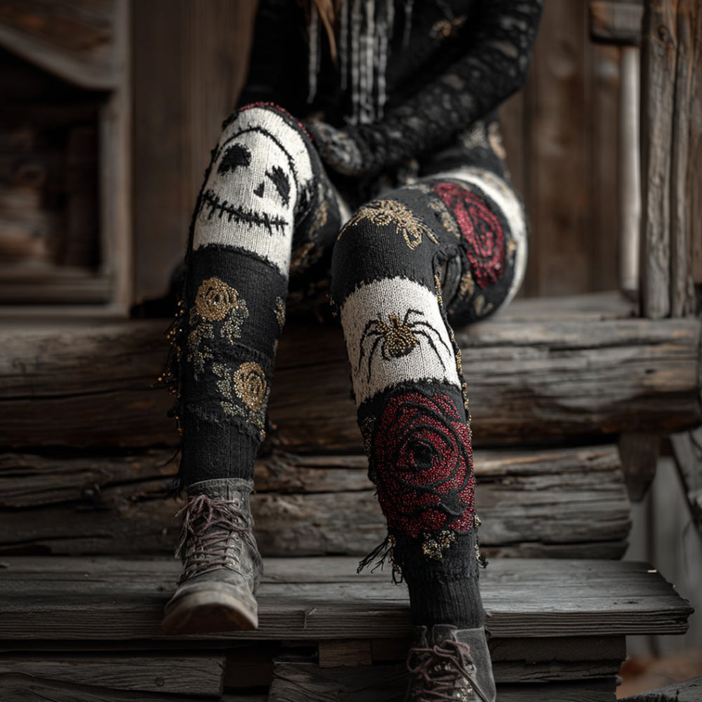 Comstylish Women's Halloween Embroidered Skeleton Face And Spider Black And White Vintage Pants