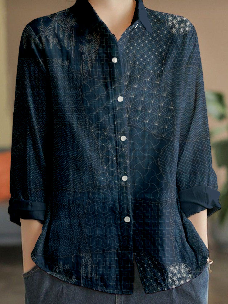 Comstylish Japanese Traditional Sashiko Art Linen Blend Blouse