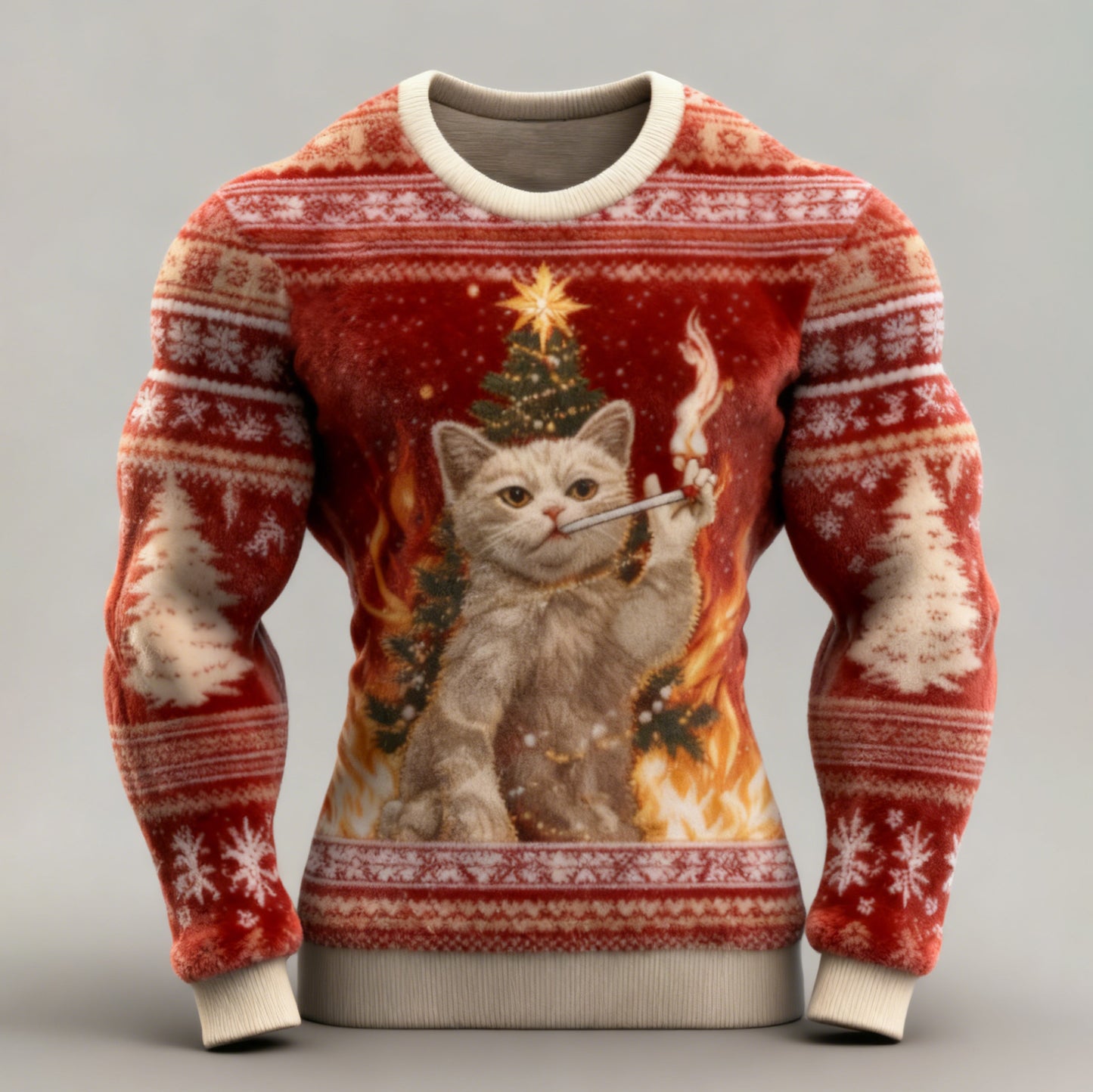 Comstylish Men's Fun Christmas Cat Comfortable Crew Neck Plush Sweatshirt