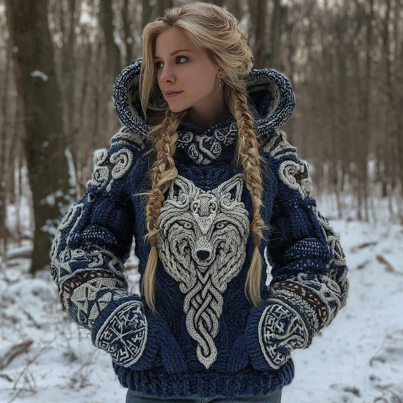Baumwollmix-Kapuzenstrickjacke mit keltischem Wolfsmotiv