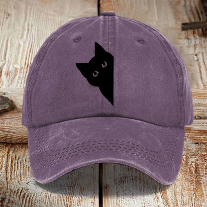 Comstylish Japanese Art Black Cat Print Washed Sun Hat