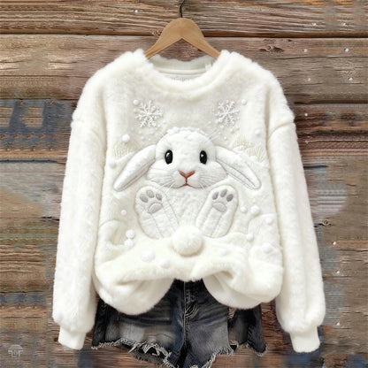 Lovely Bunny & Snow Embroidered Cozy Plush Sweatshirt artswardrobe
