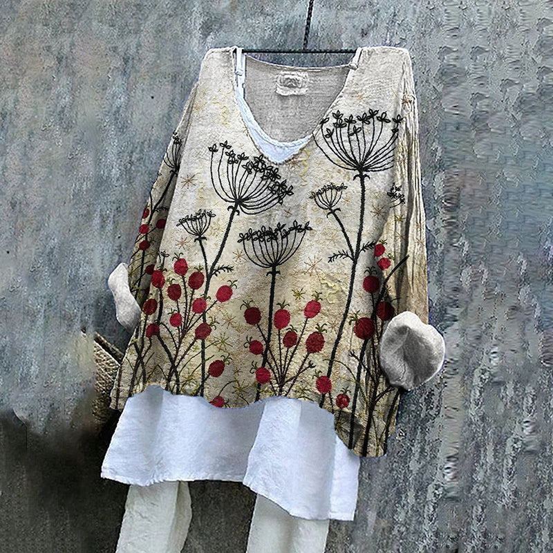 Floral Embroidered Art Linen Blend Tunic artswardrobe