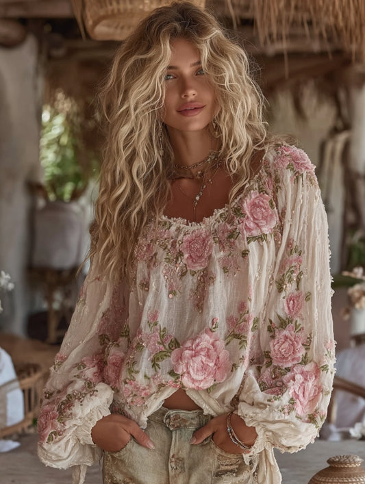 Comstylish Vintage Boho Pink Flowers Art Embroidered Cozy Linen Tunic