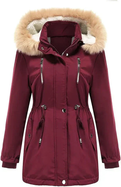 MW | langer Mantel mit Kunstfellkapuze und Fleecefutter