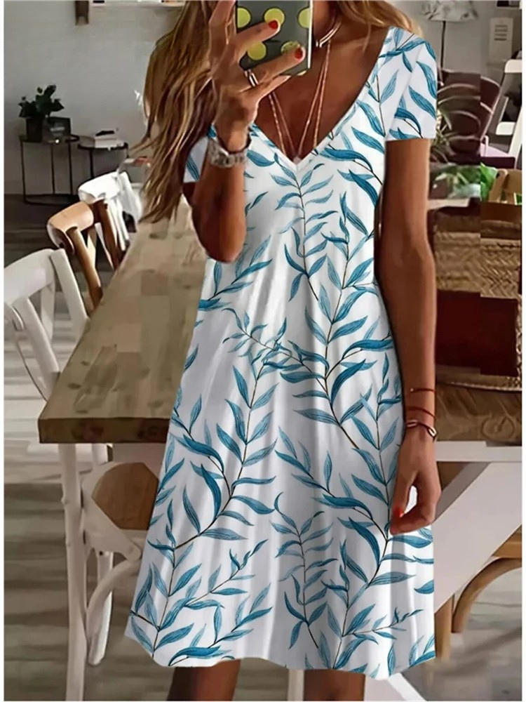 MW | Women's Sundress Midi-Kleid kurze Ärmel Floral Print Sommer lässig V Hals lose Kleider Plus Größe 2024 Weibliche Kleidung Vestidos