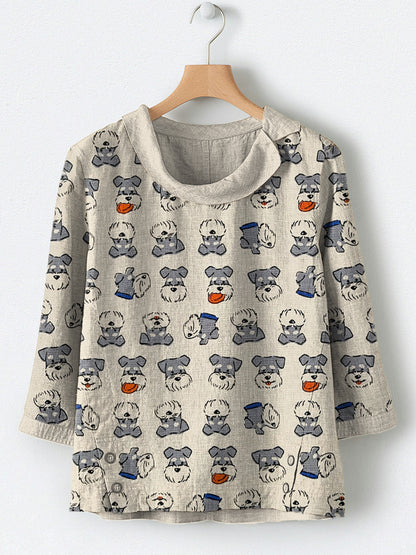Comstylish Lively Schnauzer Dog Art Print Linen Blend Shirt