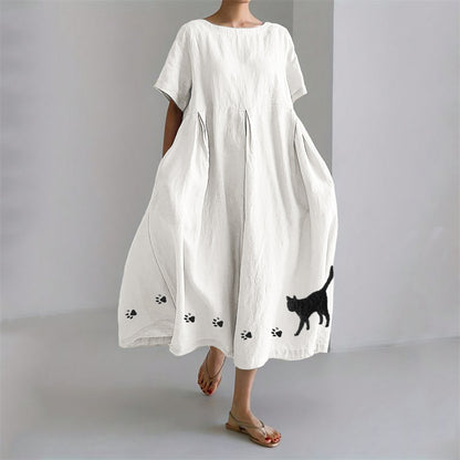 Black Cat & Paw Prints Embroidered Linen Blend Maxi Dress elevenforest