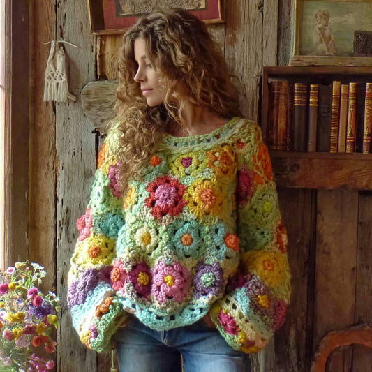 Women's Bohemian Chunky Knit Crochet Floral Colorful Sweater artswardrobe