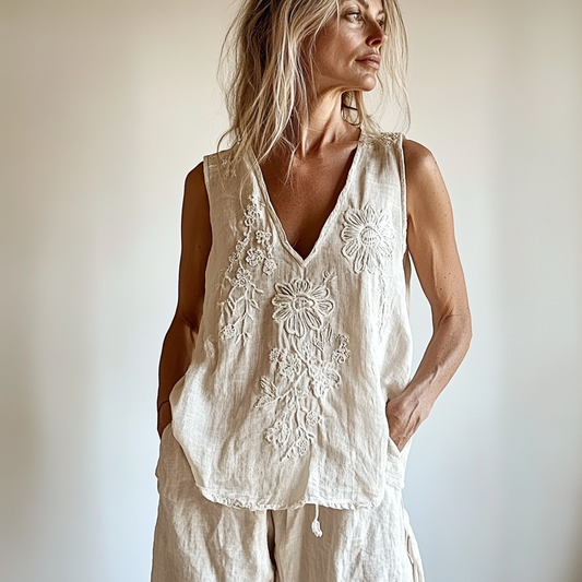 Women's Vintage Floral Pattern Cotton And Linen Vest artswardrobe