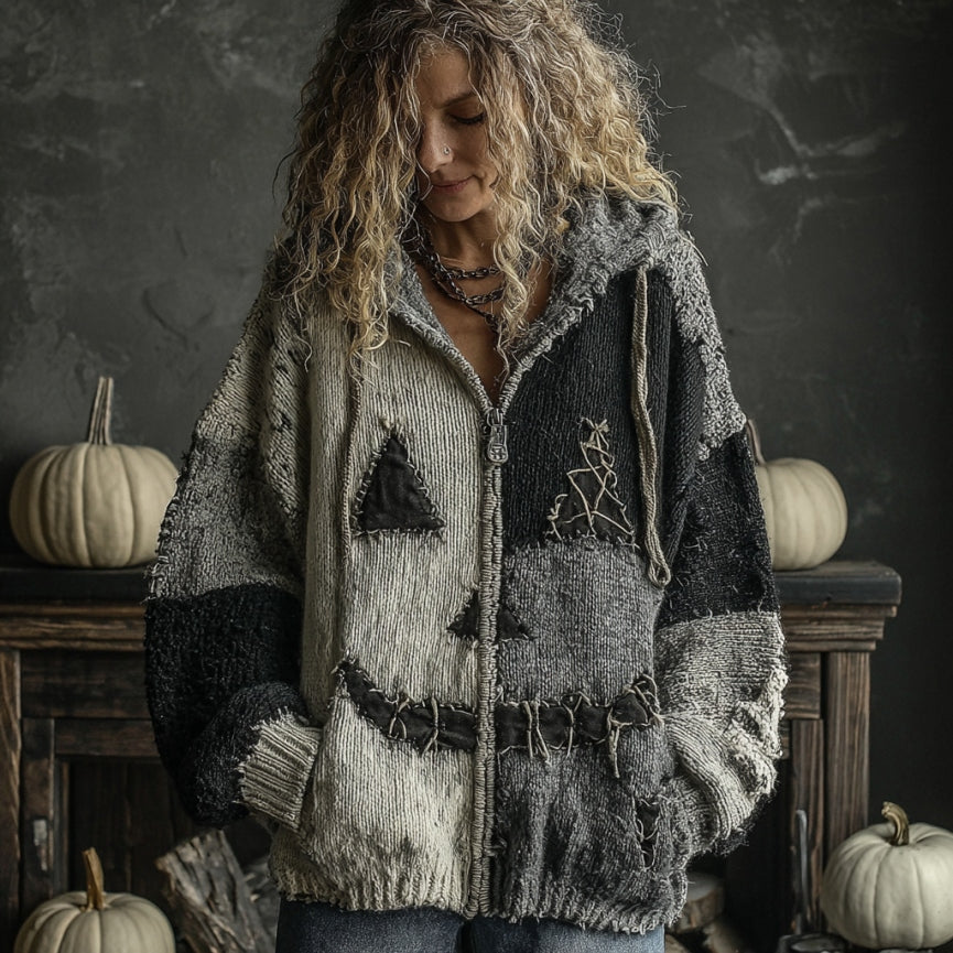 Halloween Pumpkin Face Patchwork Art Cozy Knit Hooded Cardigan artswardrobe