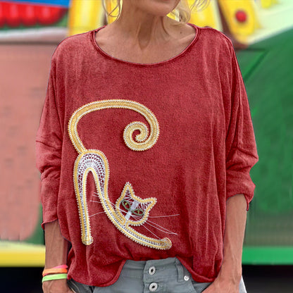 Vintage Fun Lace Cat Art Crew Neck Comfort Top elevenforest