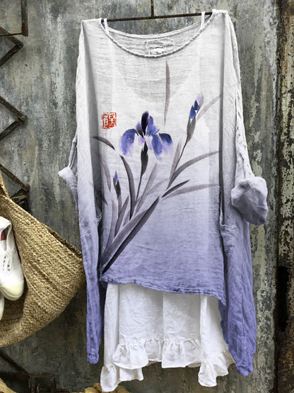 Comstylish Classy Orchid Gradient Japanese Art Linen Blend Tunic