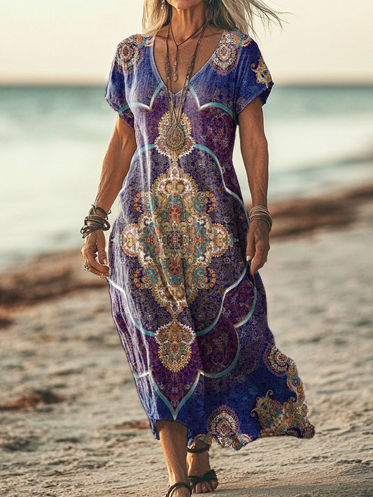Women's Vintage Ethnic Floral Art Print Pocket Cotton Dress