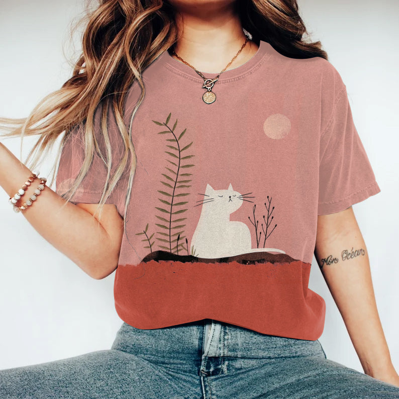 Abstract Creative Cute Cat Basking In The Sun Pattern Drawing Print Art T-Shirt elevenforest
